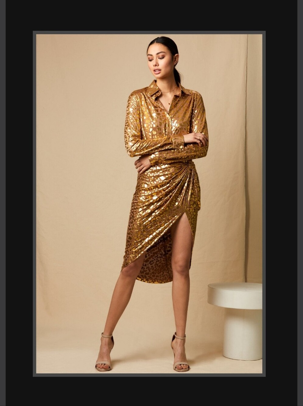 Gold Leopard-Print Button-Down Shirt and Skirt w/ high side split set